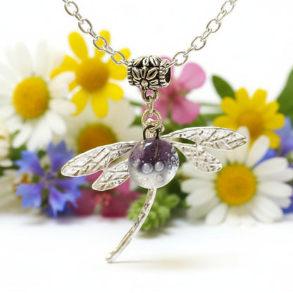 Dragonfly necklace. Recycled fused glass lavender color bead.