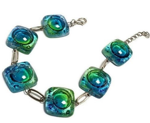 Recycled Fused Glass Green, Blue, and Turqouoise Bracelet