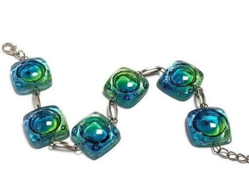 Recycled Fused Glass Green, Blue, and Turqouoise Bracelet