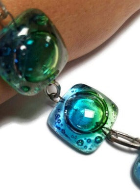 Recycled Fused Glass Green, Blue, and Turqouoise Bracelet