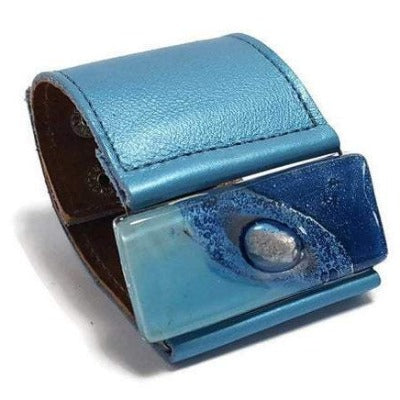 Wide Leather Cuff. Metallic light blue Leather Bracelet. Recycled glass Bracelet.