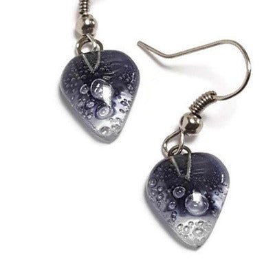 Small purple Earrings. Heart Shape Recycled glass Jewelry. Fused glass purply gray drop Earrings.