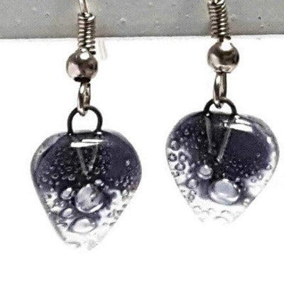 Small purple Earrings. Heart Shape Recycled glass Jewelry. Fused glass purply gray drop Earrings.