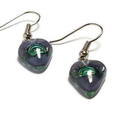 Small purple and green Earrings. Heart Shape Recycled Fused glass purply gray drop Earrings.