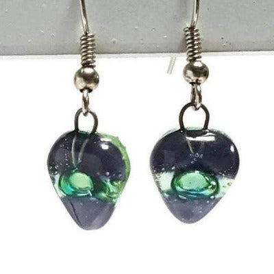 Small purple and green Earrings. Heart Shape Recycled Fused glass purply gray drop Earrings.