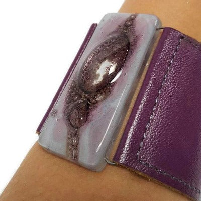 Glass and leather. Lavender lilac with Purple Leather Cuff. Recycled fused Glass wide bracelet