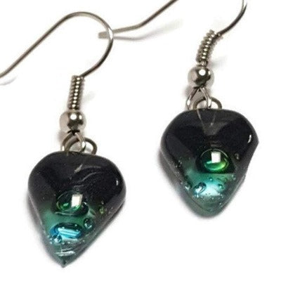 Small turquoise, green and black Earrings. Heart Shape Recycled glass Jewelry. Fused glass