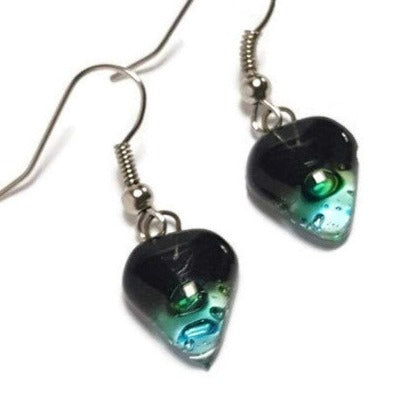 Small turquoise, green and black Earrings. Heart Shape Recycled glass Jewelry. Fused glass