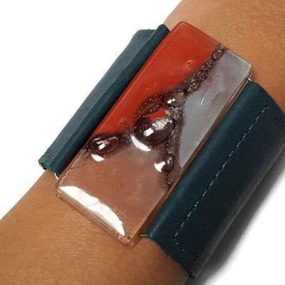 Wide Leather Cuff. Teal Leather Bracelet. Recycled glass Bracelet. Blue-Teal leather Cuff