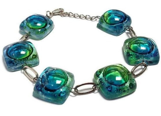 Recycled Fused Glass Green, Blue, and Turqouoise Bracelet