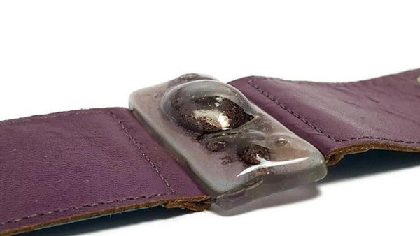 Glass and leather. Lavender lilac with Purple Leather Cuff. Recycled fused Glass wide bracelet