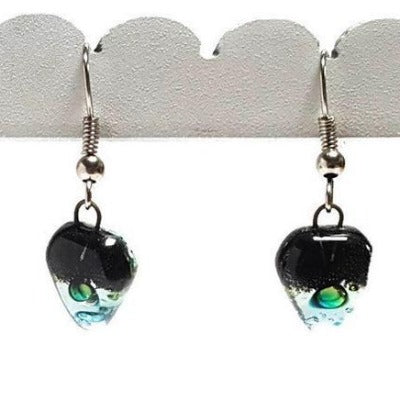 Small turquoise, green and black Earrings. Heart Shape Recycled glass Jewelry. Fused glass