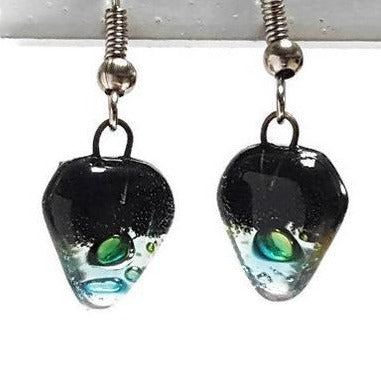 Small turquoise, green and black Earrings. Heart Shape Recycled glass Jewelry. Fused glass