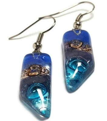 Recycled Glass blue, brown purple and turquoise Earrings... Bubbles! Fused Glass Dangle earrings