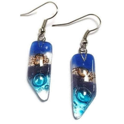 Recycled Glass blue, brown purple and turquoise Earrings... Bubbles! Fused Glass Dangle earrings
