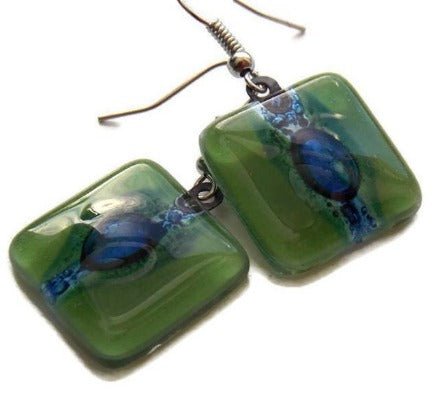 Blue and Green Recycled fused glass square Earrings