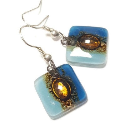 Blue and Brown Small Square Fused Glass Earrings. Recycled Glass Drop Earrings. Dangle Earrings