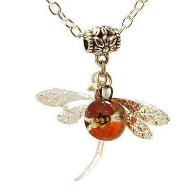 Dragonfly necklace. Recycled fused glass Red, orange and Brown bead.