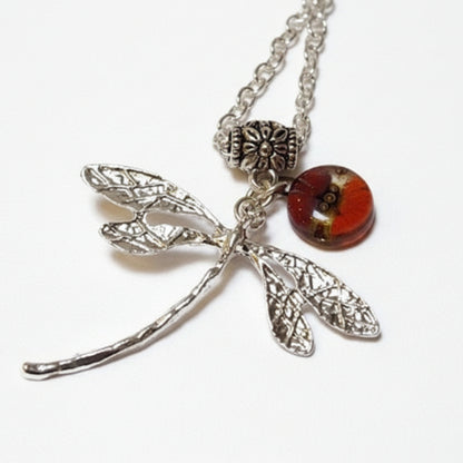 Dragonfly necklace. Recycled fused glass Red, orange and Brown bead.