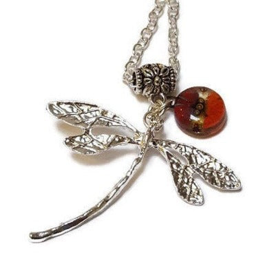 Dragonfly necklace. Recycled fused glass Red, orange and Brown bead.