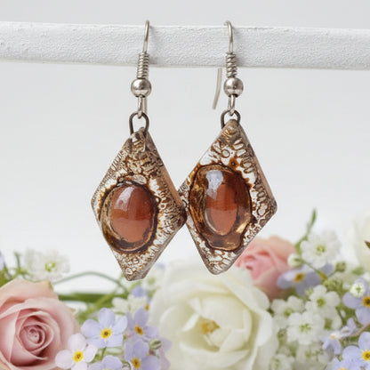 Caramel brown and copper  Earrings Diamond Shaped Earrings Recycled fused glass Earrings