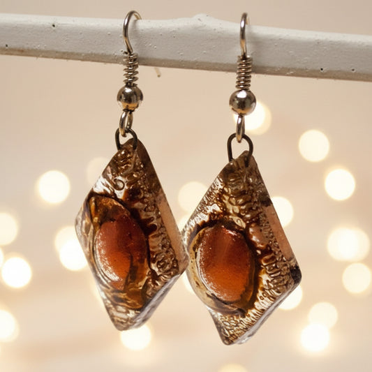 Caramel brown and copper  Earrings Diamond Shaped Earrings Recycled fused glass Earrings