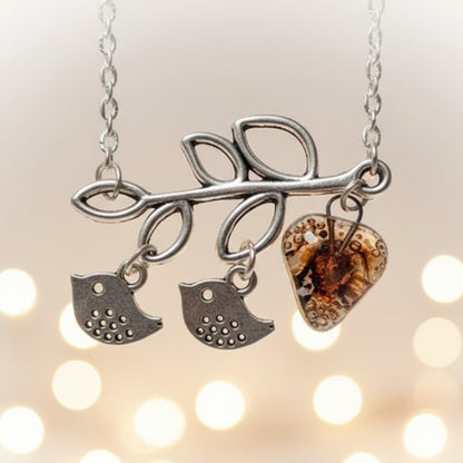 Family pendant. Bird pendant. Recycled Fused Glass necklace. Brown and Copper color heart shape bead