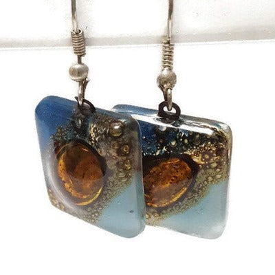 Blue, Baby Blue and Brown fused Glass Earrings. Recycled Glass dangle Earrings. Drop Earrings