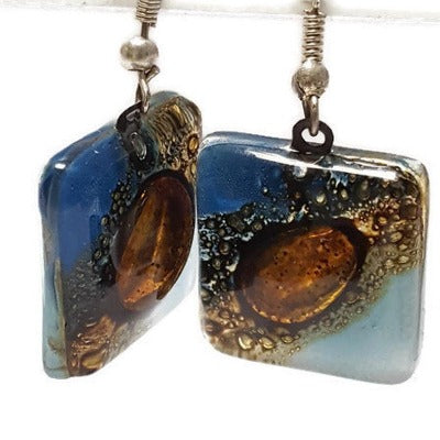 Blue, Baby Blue and Brown fused Glass Earrings. Recycled Glass dangle Earrings. Drop Earrings