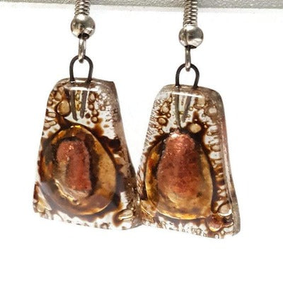 Copper pink and brown recycled fused glass earrings