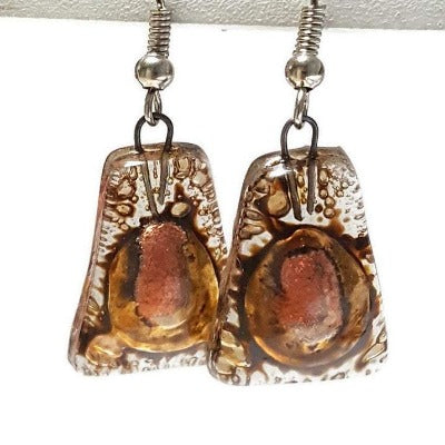 Copper pink and brown recycled fused glass earrings