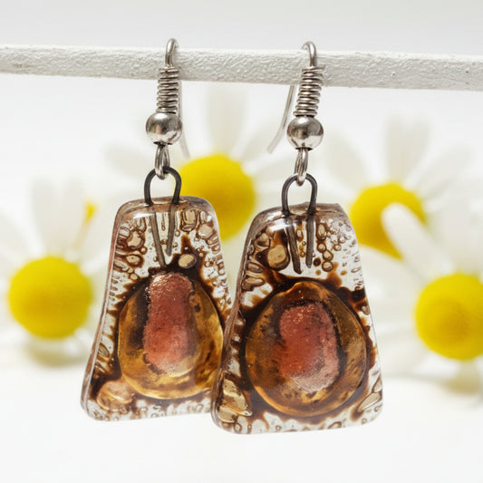 Copper pink and brown recycled fused glass earrings