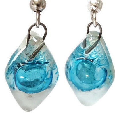 Small Diamond Shaped white and Turquoise Recycled Fused Glass Earrings
