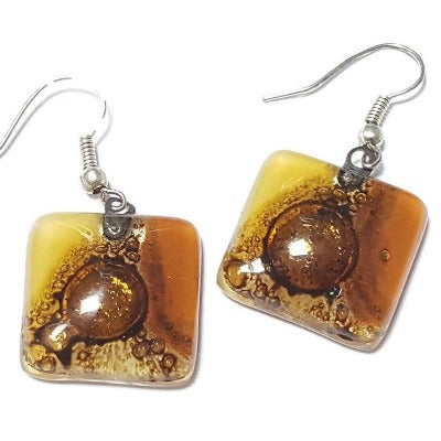 Earthy tones, White, beige, terracotta  and Brown Square Fused Glass earrings