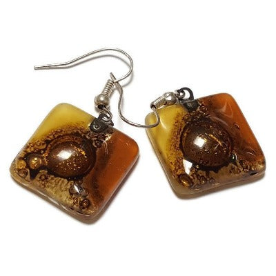 Earthy tones, White, beige, terracotta  and Brown Square Fused Glass earrings