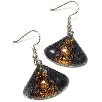 Black white and brown Fan shape recycled fused glass drop earrings. Neutral colors dangle earrings.