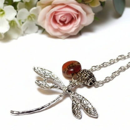 Dragonfly necklace. Recycled fused glass Red, orange and Brown bead.