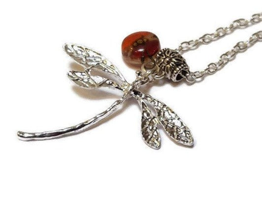 Dragonfly necklace. Recycled fused glass Red, orange and Brown bead.