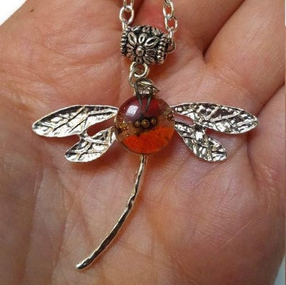 Dragonfly necklace. Recycled fused glass Red, orange and Brown bead.