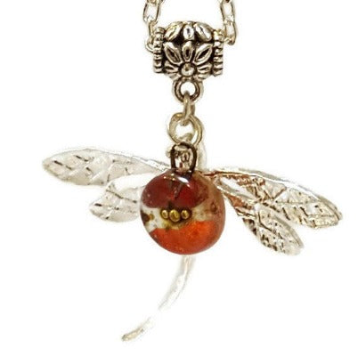 Dragonfly necklace. Recycled fused glass Red, orange and Brown bead.