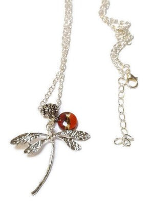 Dragonfly necklace. Recycled fused glass Red, orange and Brown bead.