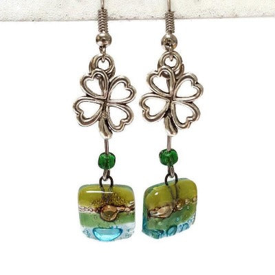 Green Shamrock Recycled Glass Dangle Earrings. Handcrafted fused beads. Long flower drops. Awesome gift. Women casual Jewelry