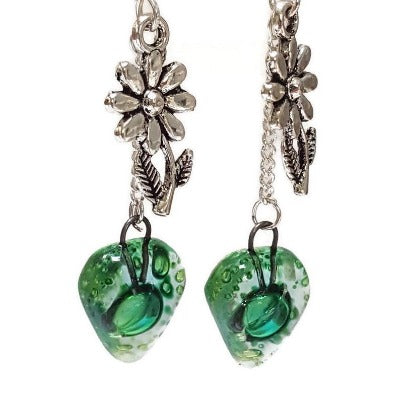 Flower Green Recycled Glass Dangle Earrings. Handcrafted fused heart beads. Long sunflower drops. Best gift! Casual jewelry