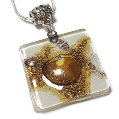 White, Brown and Purply Fused Glass pendant with lots of Bubble! Perfect Necklace, Easy to Match!