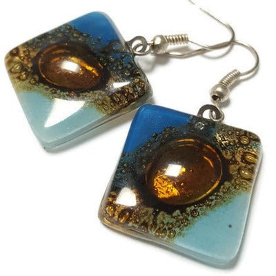 Blue, Baby Blue and Brown fused Glass Earrings. Recycled Glass dangle Earrings. Drop Earrings