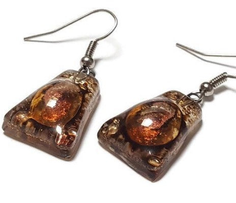 Copper pink and brown recycled fused glass earrings