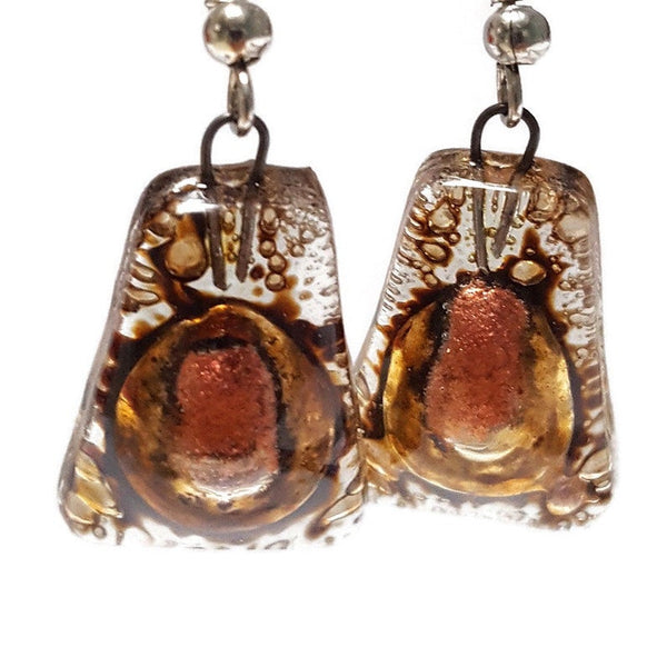 Copper pink and brown recycled fused glass earrings