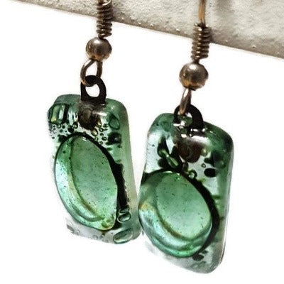 Small Green Earrings, Recycled Glass. Fused glass Jewelry. Handmade One of a Kind!