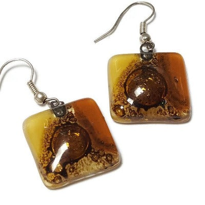 Earthy tones, White, beige, terracotta  and Brown Square Fused Glass earrings