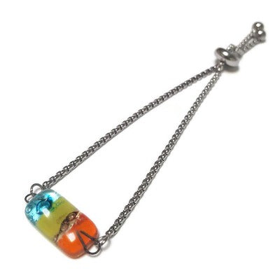 Thin, Dainty, Pull Tie bracelet. Adjustable slider bracelet with recycled glass charm. Chain Slider Bracelet Easy to wear, Everyday Bracelet